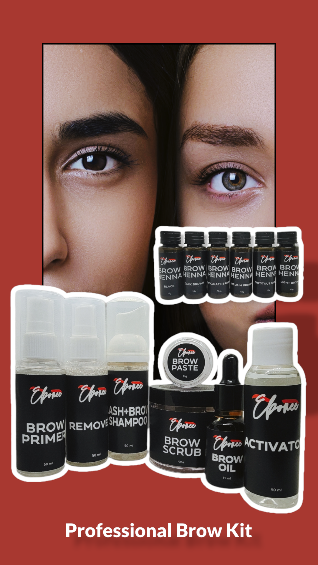 All the Ebonee Products you need to start your career as a Henna Brow Technician. This kit includes: Lash + Brow Shampoo 50mg Brow Scrub, 100mg Brow Primer 50mg, Brow Paste 8g, Remover 50gm, Brow Oil 15mg, Activator 50mg, Light Brown Henna 10g, Chestnut Brown Henna 10g, Medium Brown Henna 10g, Chocolate Bown Henna 10g, Dark Brown Henna 10g, Black Henna10g, This kit's value is over $315! Make your ROI in just 7 applications! FOR PROFESSIONAL USE ONLY. Eboee Brow Kit, Brow Henna, Brow Artist, students.