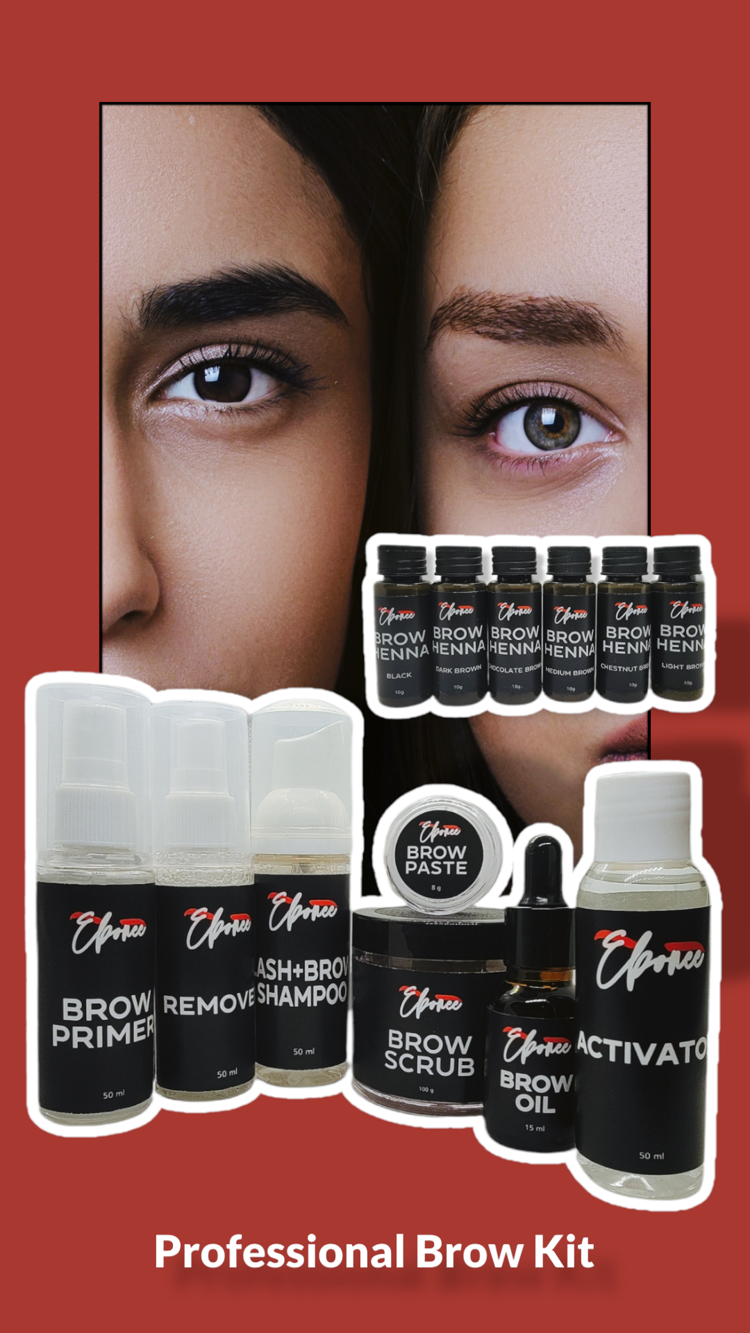 All the Ebonee Products you need to start your career as a Henna Brow Technician.  This kit includes:  Lash + Brow Shampoo 50mg Brow Scrub, 100mg Brow Primer 50mg, Brow Paste 8g, Remover 50gm, Brow Oil 15mg, Activator 50mg, Light Brown Henna 10g, Chestnut Brown Henna 10g, Medium Brown Henna 10g, Chocolate Bown  Henna 10g, Dark Brown Henna 10g, Black Henna10g, This kit's value is over $315! Make your ROI in just 7 applications! FOR PROFESSIONAL USE ONLY. Eboee Brow Kit, Brow Henna, Brow Artist,  students.